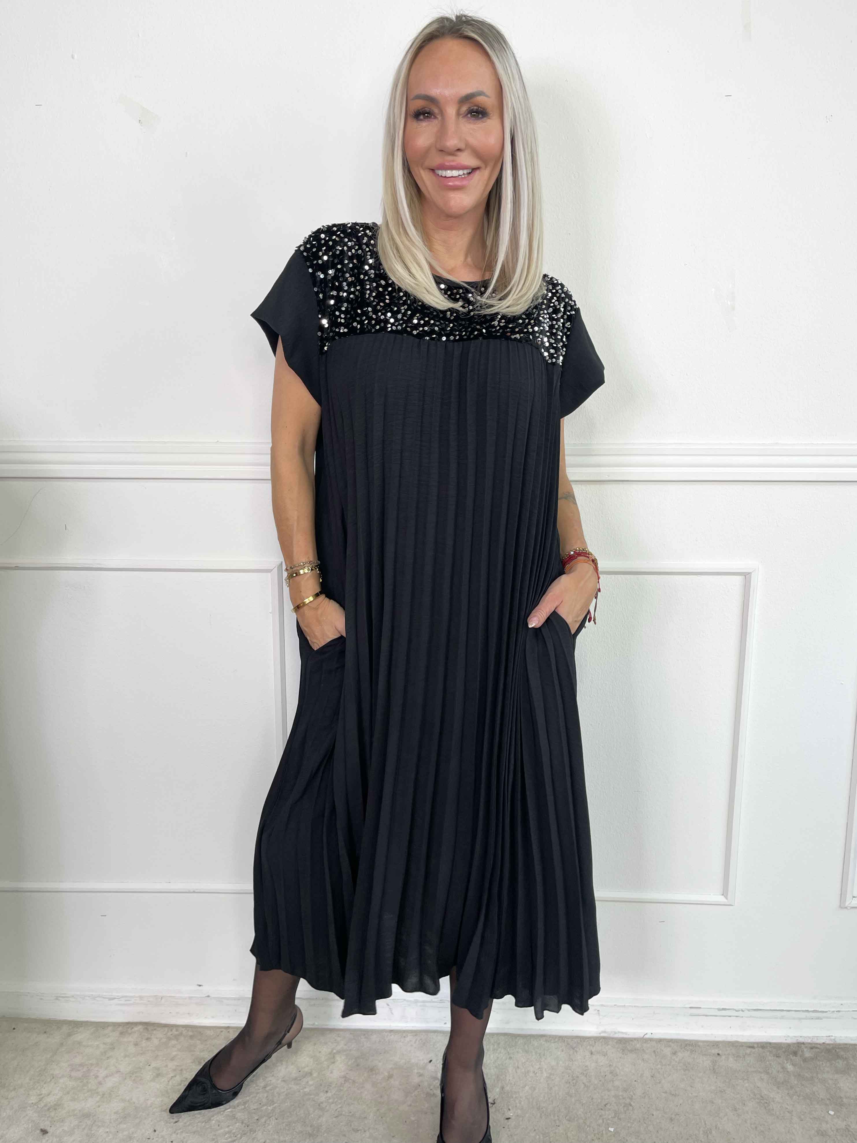 Nancy Party - Lång plisserad klänning med paljetter och sammet